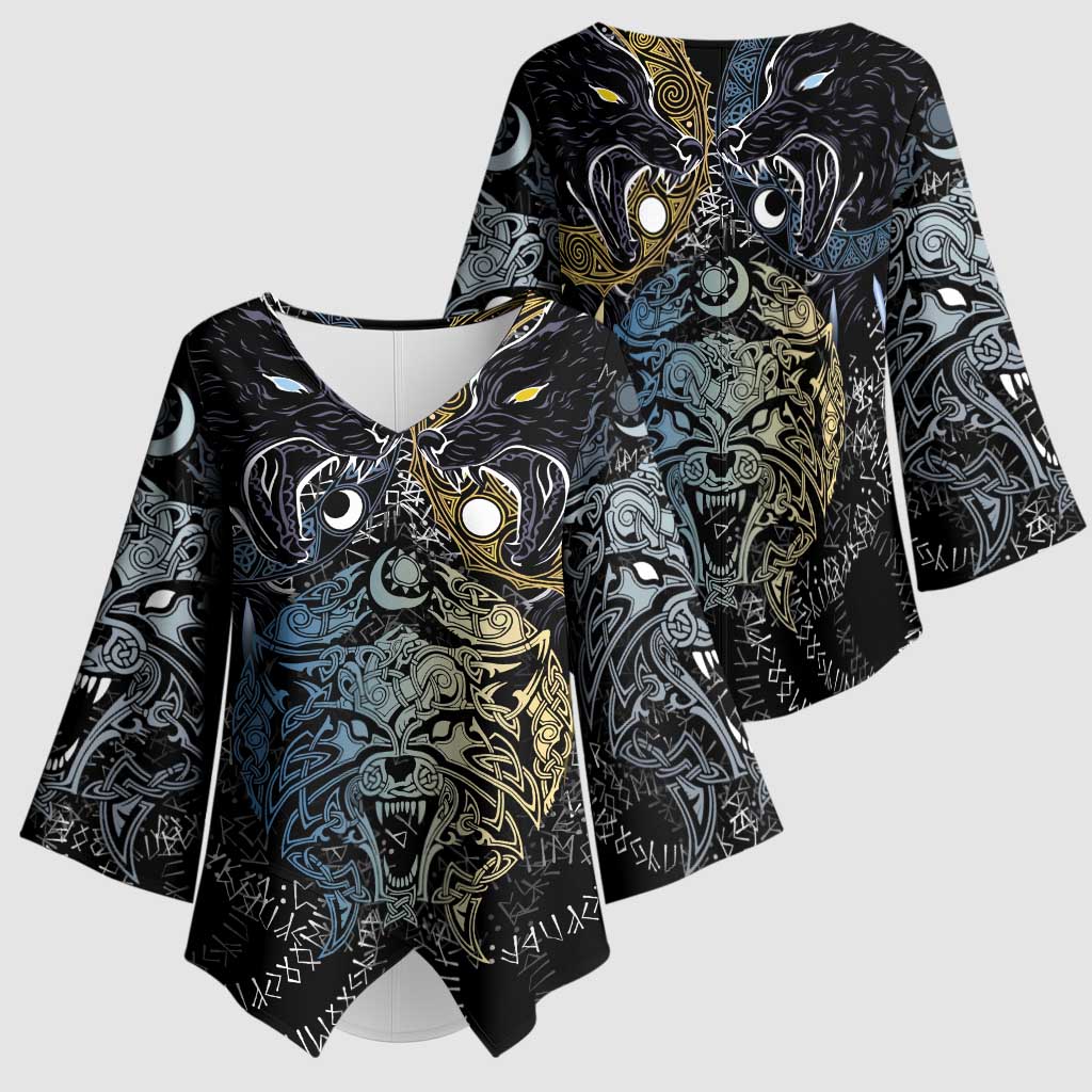 Skoll and Hati Norse Mythology Kimono Sleeve Blouse Viking Dual Moon Celtic Line Art