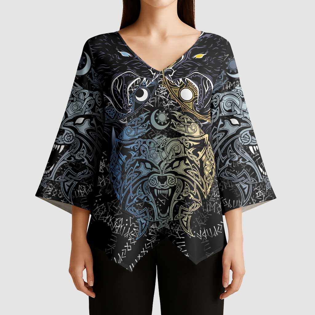 Skoll and Hati Norse Mythology Kimono Sleeve Blouse Viking Dual Moon Celtic Line Art