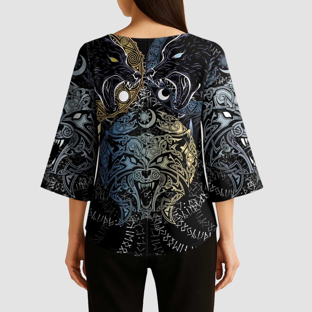 Skoll and Hati Norse Mythology Kimono Sleeve Blouse Viking Dual Moon Celtic Line Art