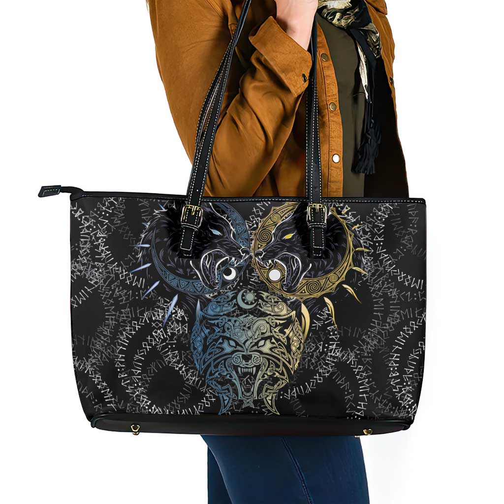 Skoll and Hati Norse Mythology Leather Tote Bag Viking Dual Moon Celtic Line Art