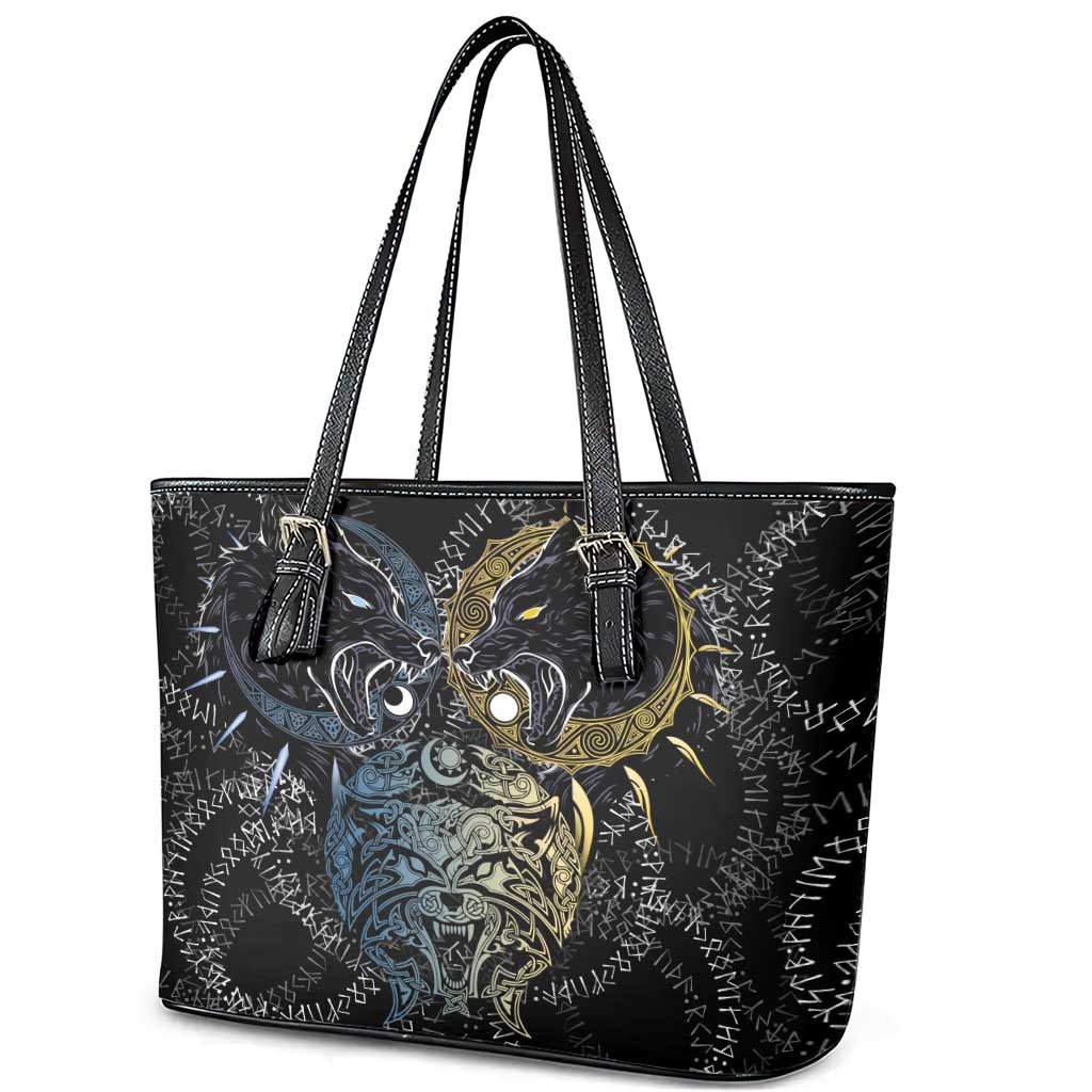 Skoll and Hati Norse Mythology Leather Tote Bag Viking Dual Moon Celtic Line Art