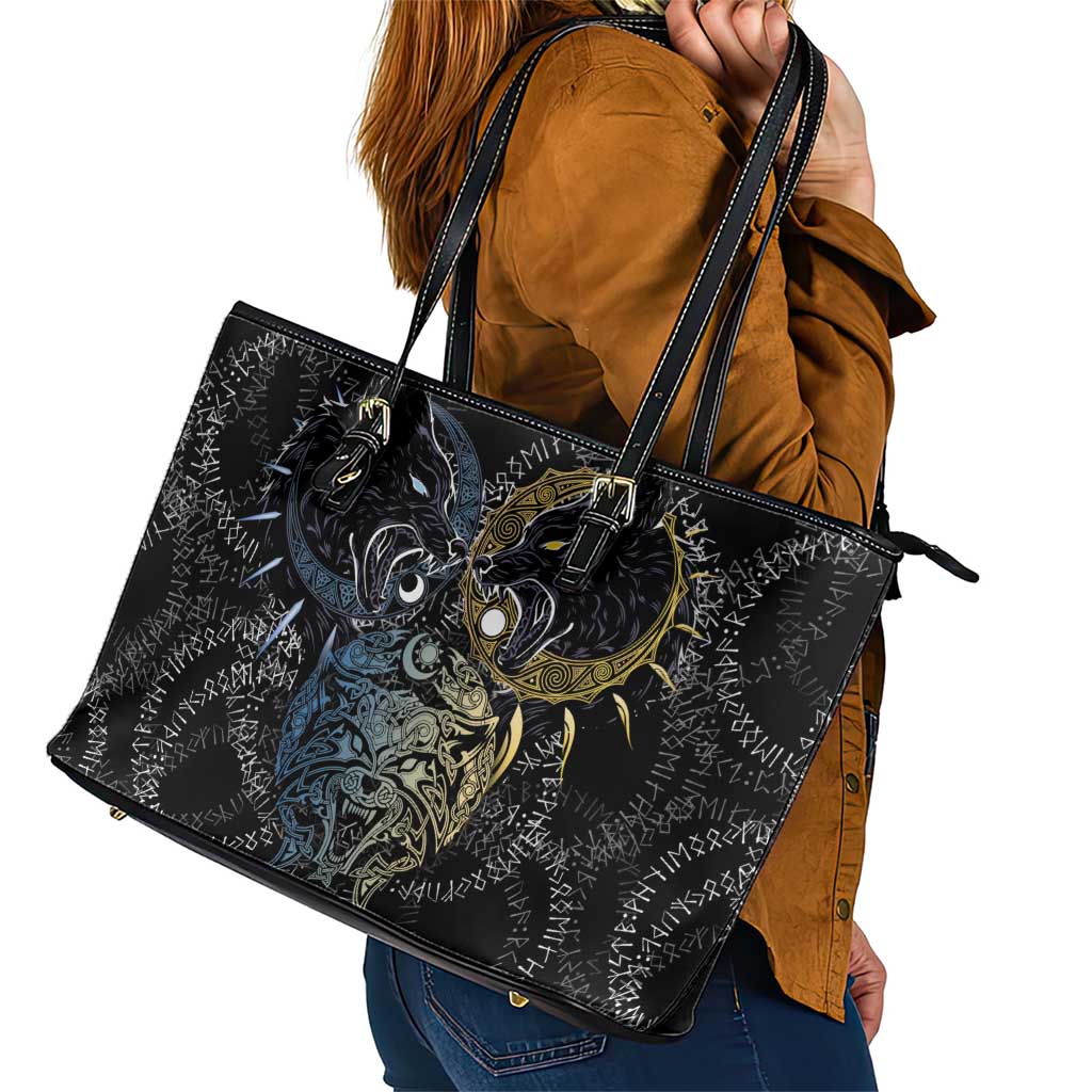 Skoll and Hati Norse Mythology Leather Tote Bag Viking Dual Moon Celtic Line Art