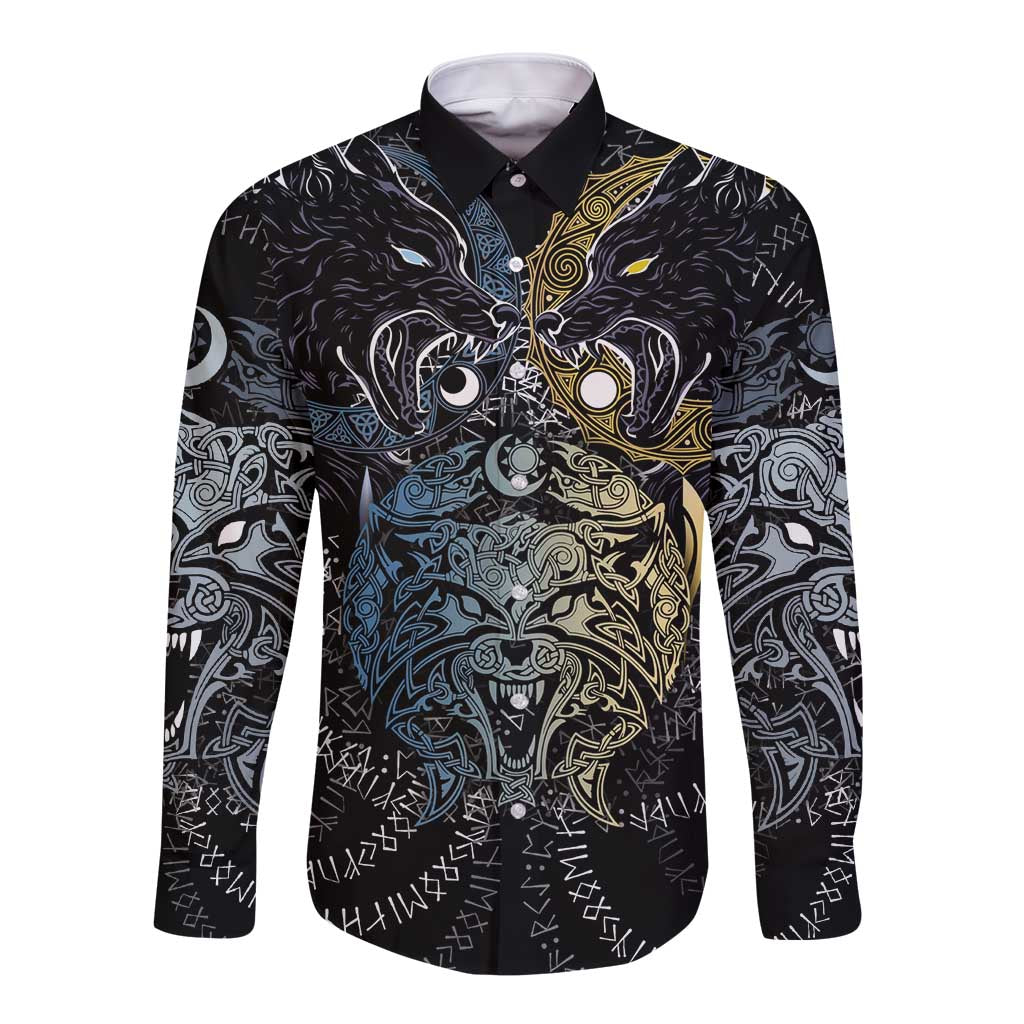 Skoll and Hati Norse Mythology Long Sleeve Button Shirt Viking Dual Moon Celtic Line Art