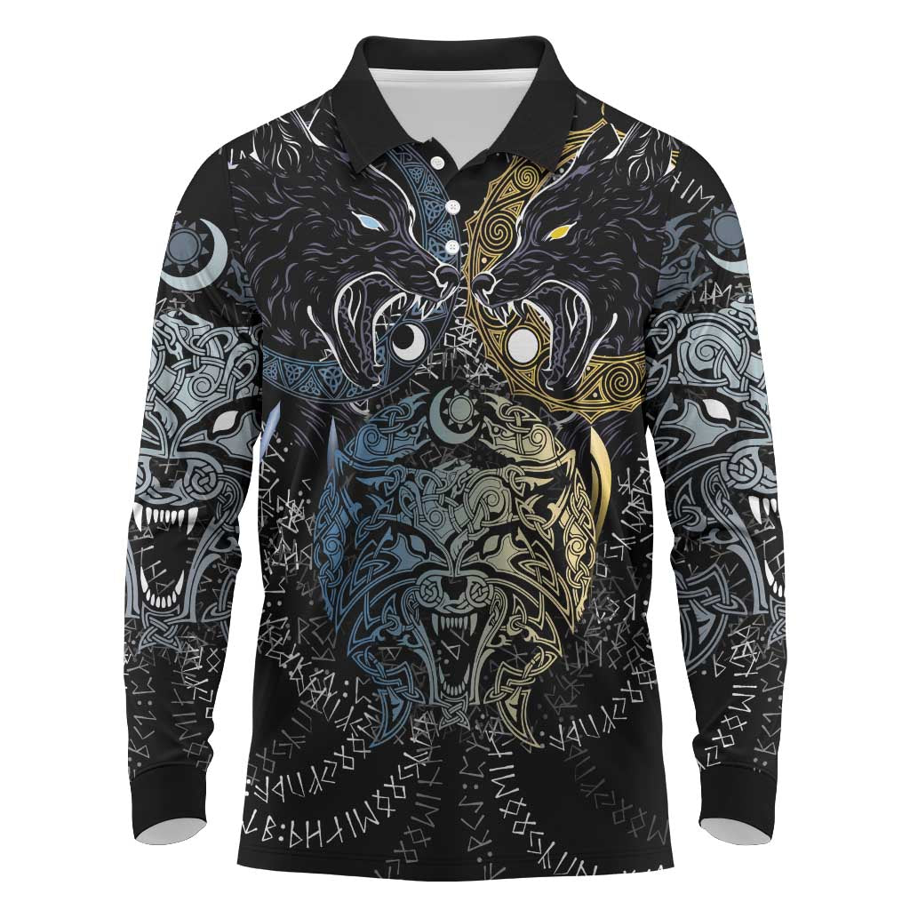 Skoll and Hati Norse Mythology Long Sleeve Polo Shirt Viking Dual Moon Celtic Line Art