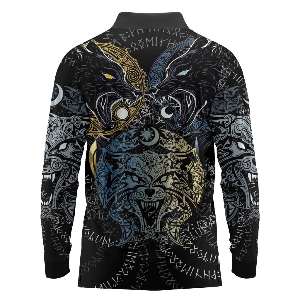 Skoll and Hati Norse Mythology Long Sleeve Polo Shirt Viking Dual Moon Celtic Line Art