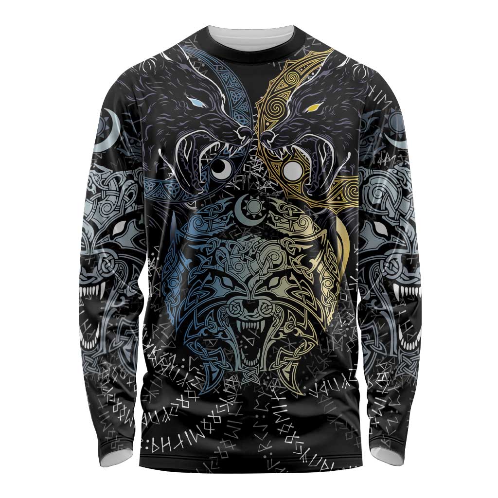 Skoll and Hati Norse Mythology Long Sleeve Shirt Viking Dual Moon Celtic Line Art
