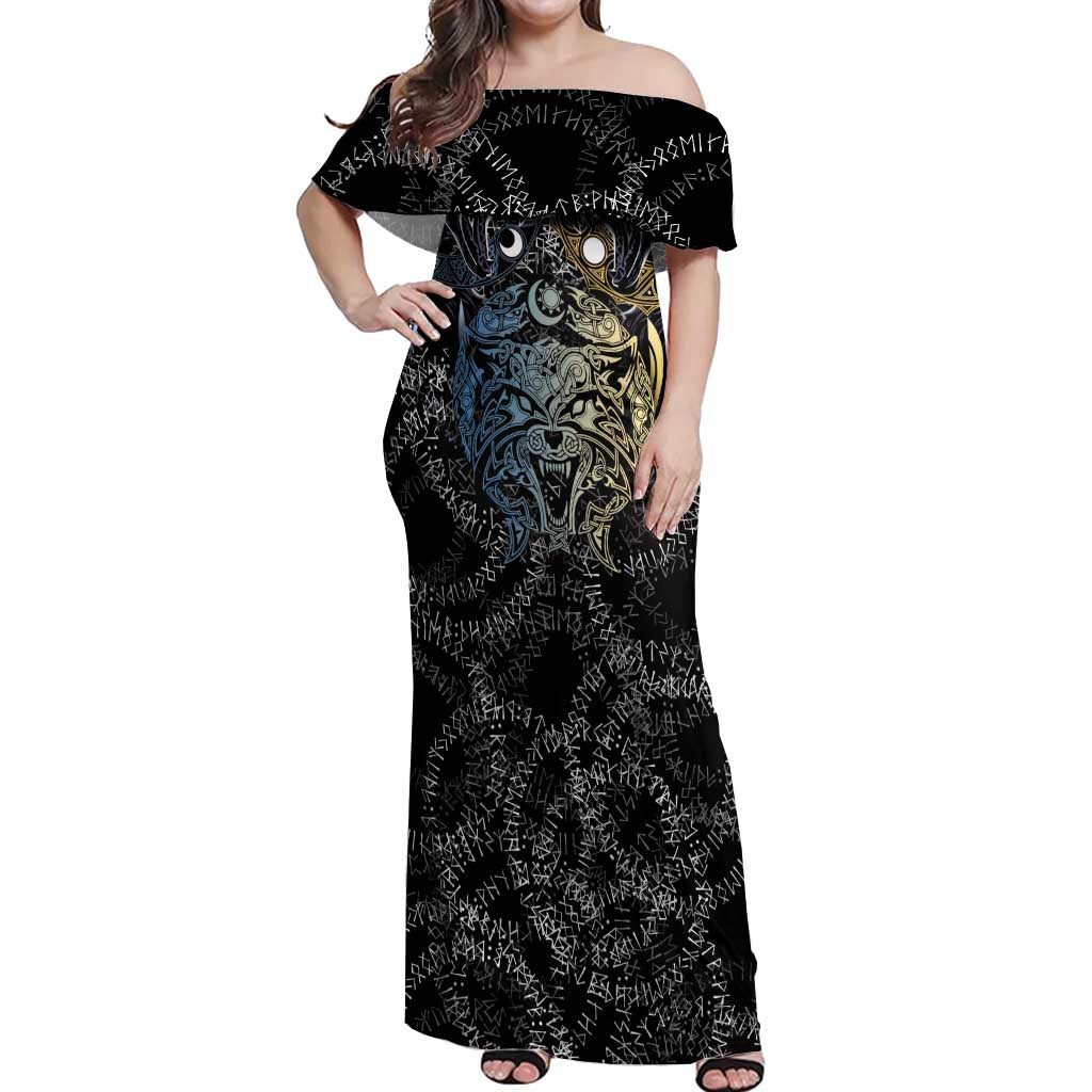 Skoll and Hati Norse Mythology Off Shoulder Maxi Dress Viking Dual Moon Celtic Line Art