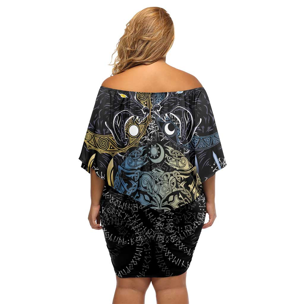 Skoll and Hati Norse Mythology Off Shoulder Short Dress Viking Dual Moon Celtic Line Art