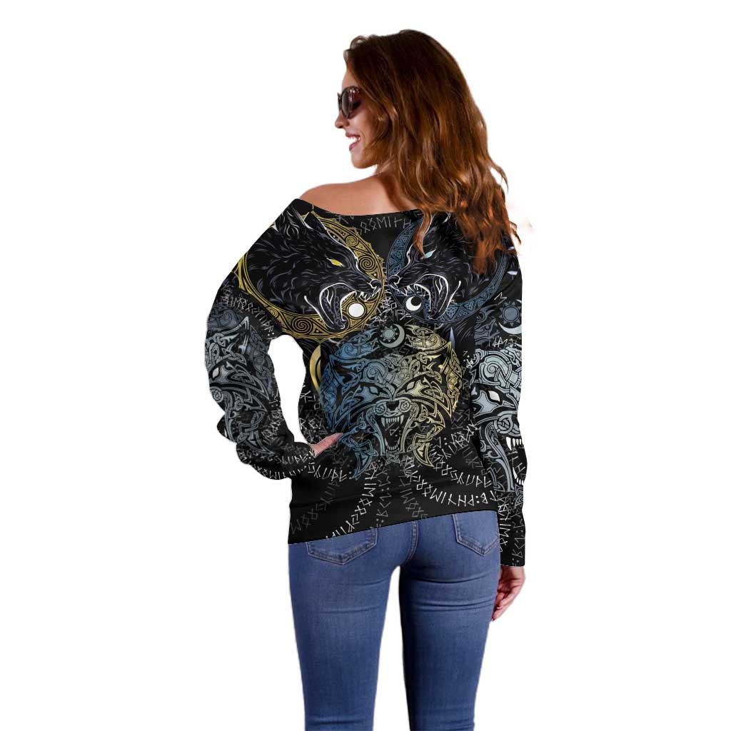 Skoll and Hati Norse Mythology Off Shoulder Sweater Viking Dual Moon Celtic Line Art