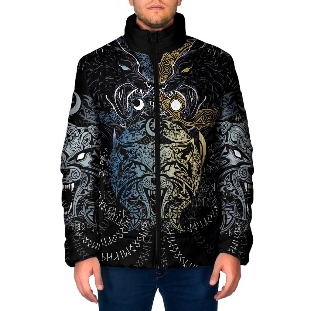 Skoll and Hati Norse Mythology Padded Jacket Viking Dual Moon Celtic Line Art