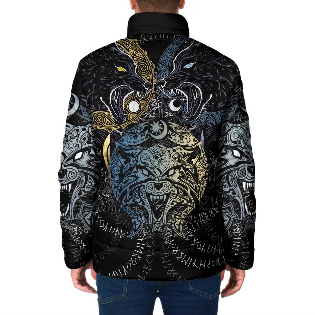 Skoll and Hati Norse Mythology Padded Jacket Viking Dual Moon Celtic Line Art