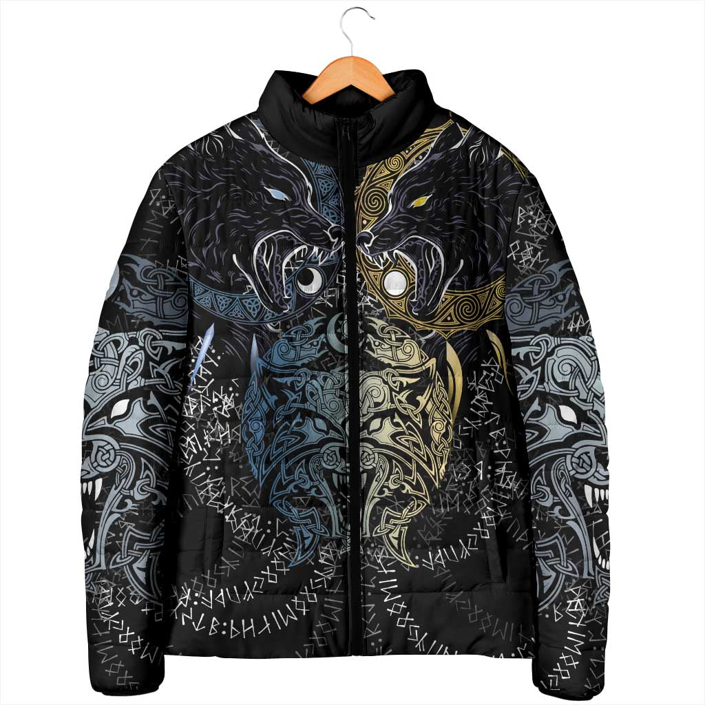 Skoll and Hati Norse Mythology Padded Jacket Viking Dual Moon Celtic Line Art