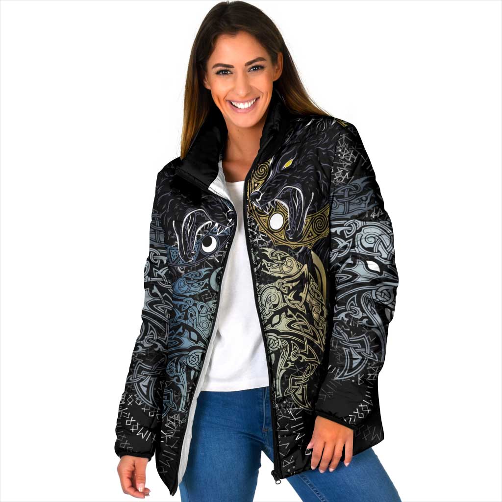 Skoll and Hati Norse Mythology Padded Jacket Viking Dual Moon Celtic Line Art
