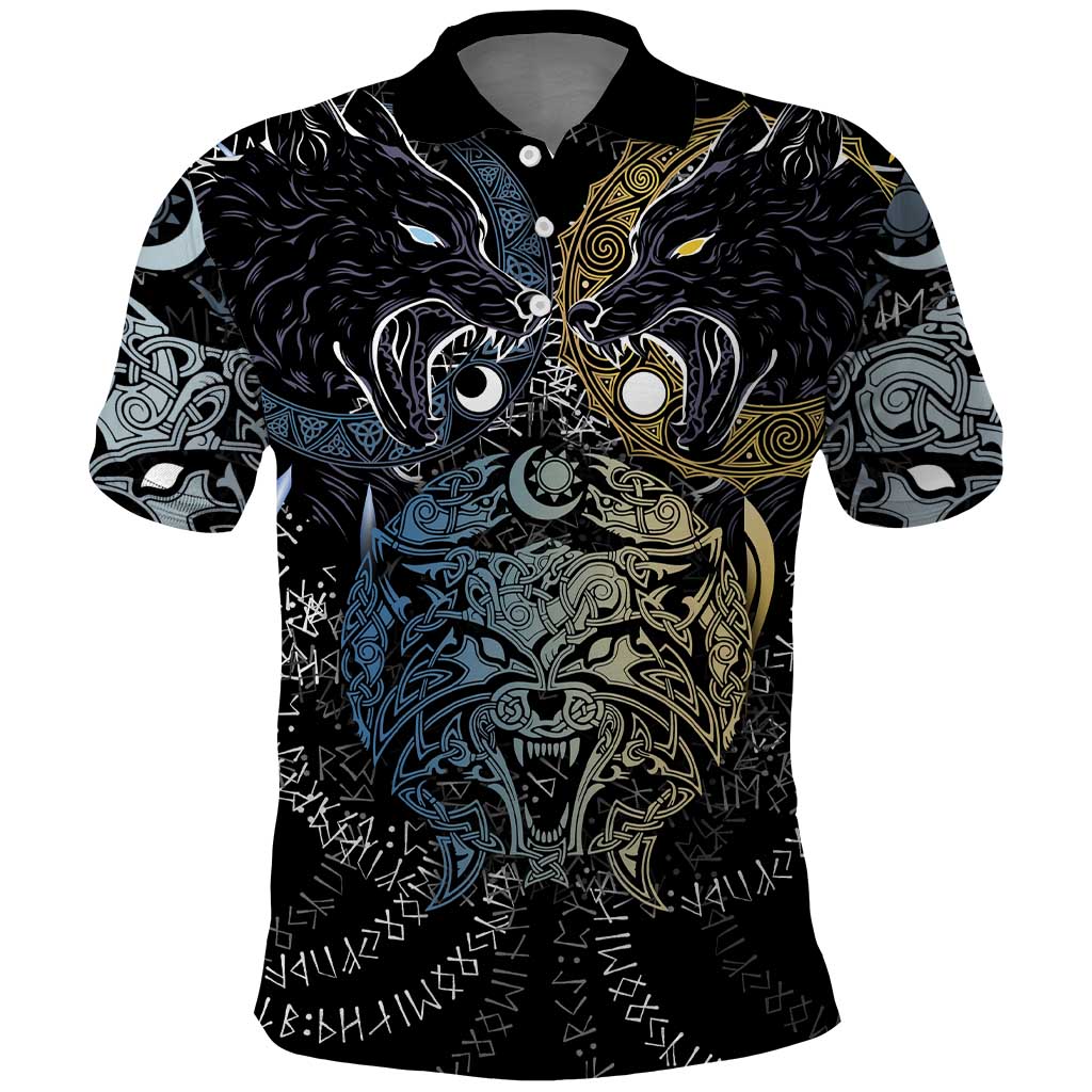 Skoll and Hati Norse Mythology Polo Shirt Viking Dual Moon Celtic Line Art