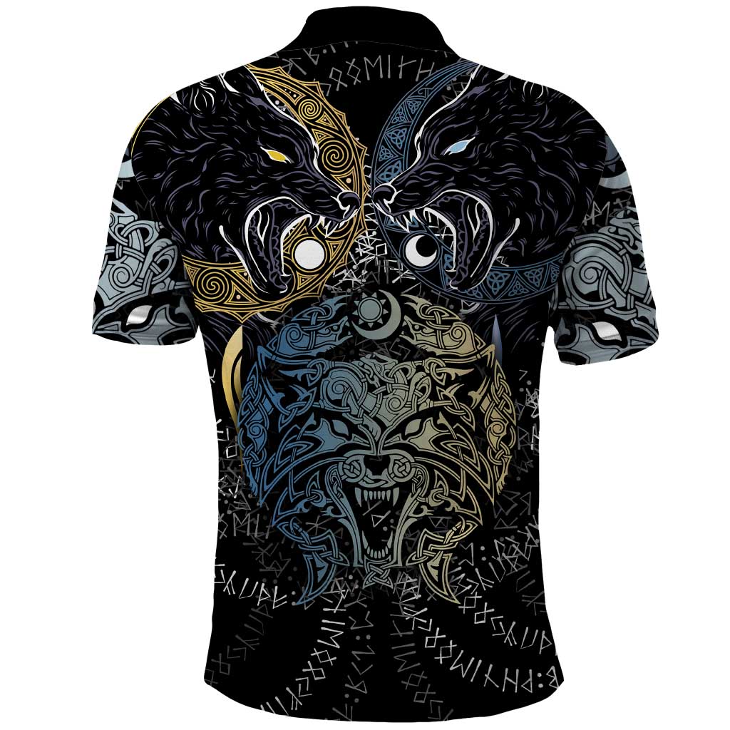 Skoll and Hati Norse Mythology Polo Shirt Viking Dual Moon Celtic Line Art