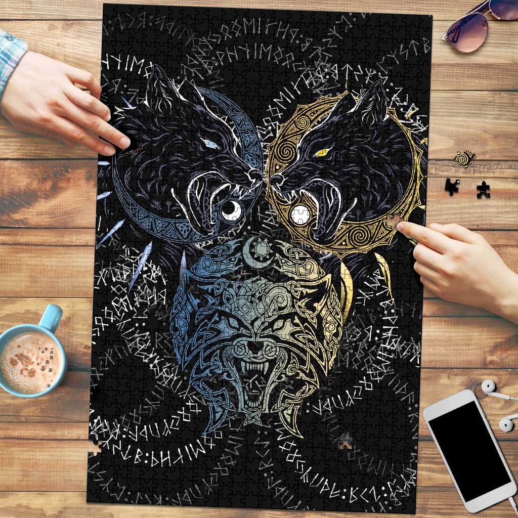 Skoll and Hati Norse Mythology Puzzle Viking Dual Moon Celtic Line Art