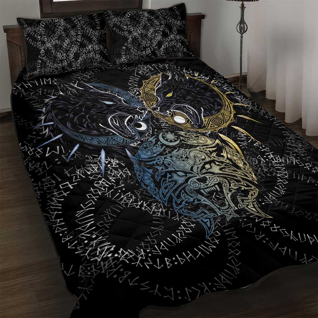 Skoll and Hati Norse Mythology Quilt Bed Set Viking Dual Moon Celtic Line Art