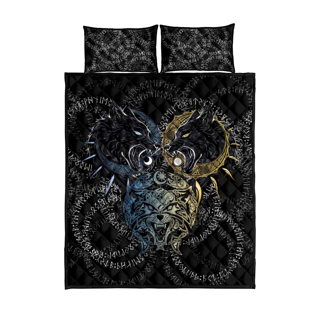Skoll and Hati Norse Mythology Quilt Bed Set Viking Dual Moon Celtic Line Art