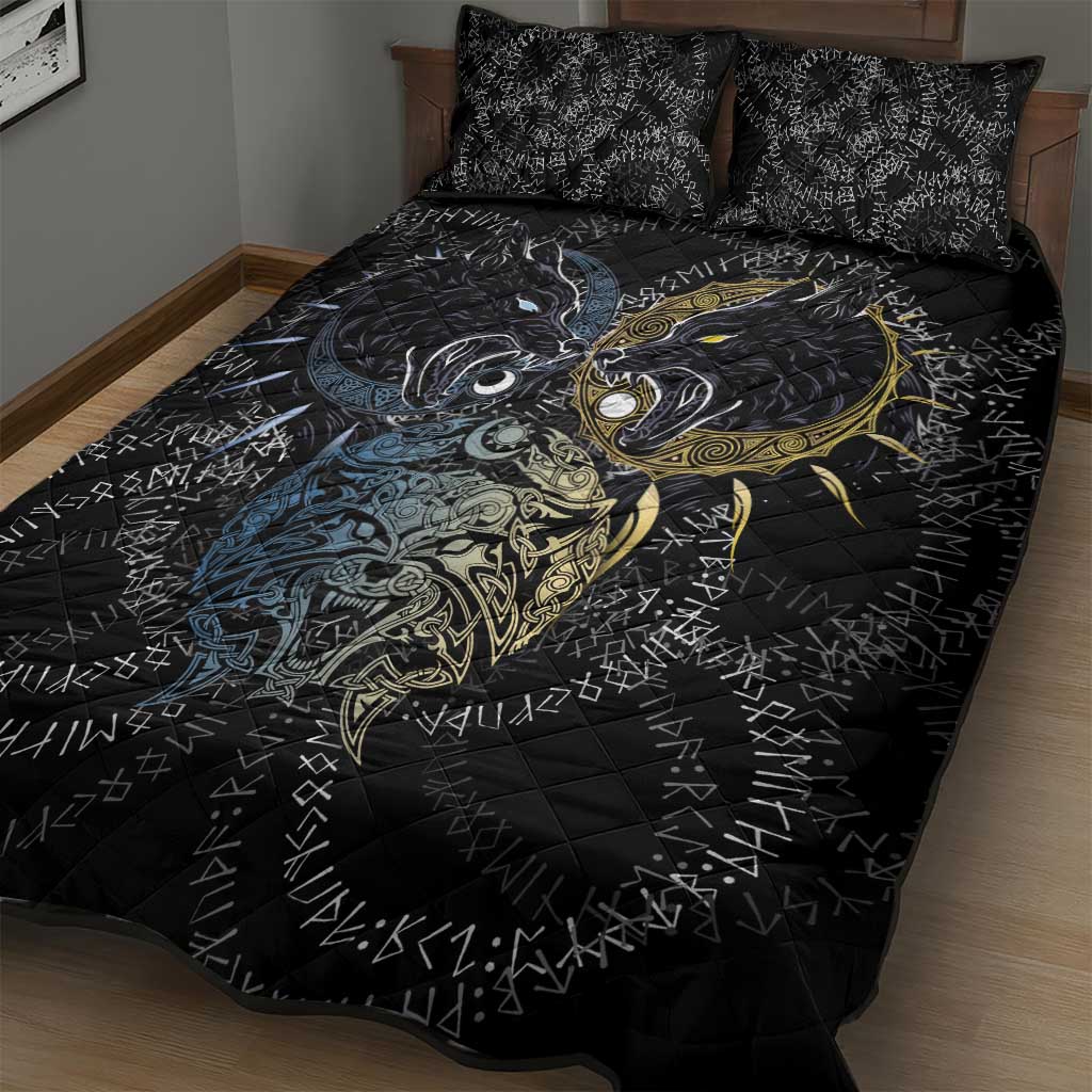 Skoll and Hati Norse Mythology Quilt Bed Set Viking Dual Moon Celtic Line Art