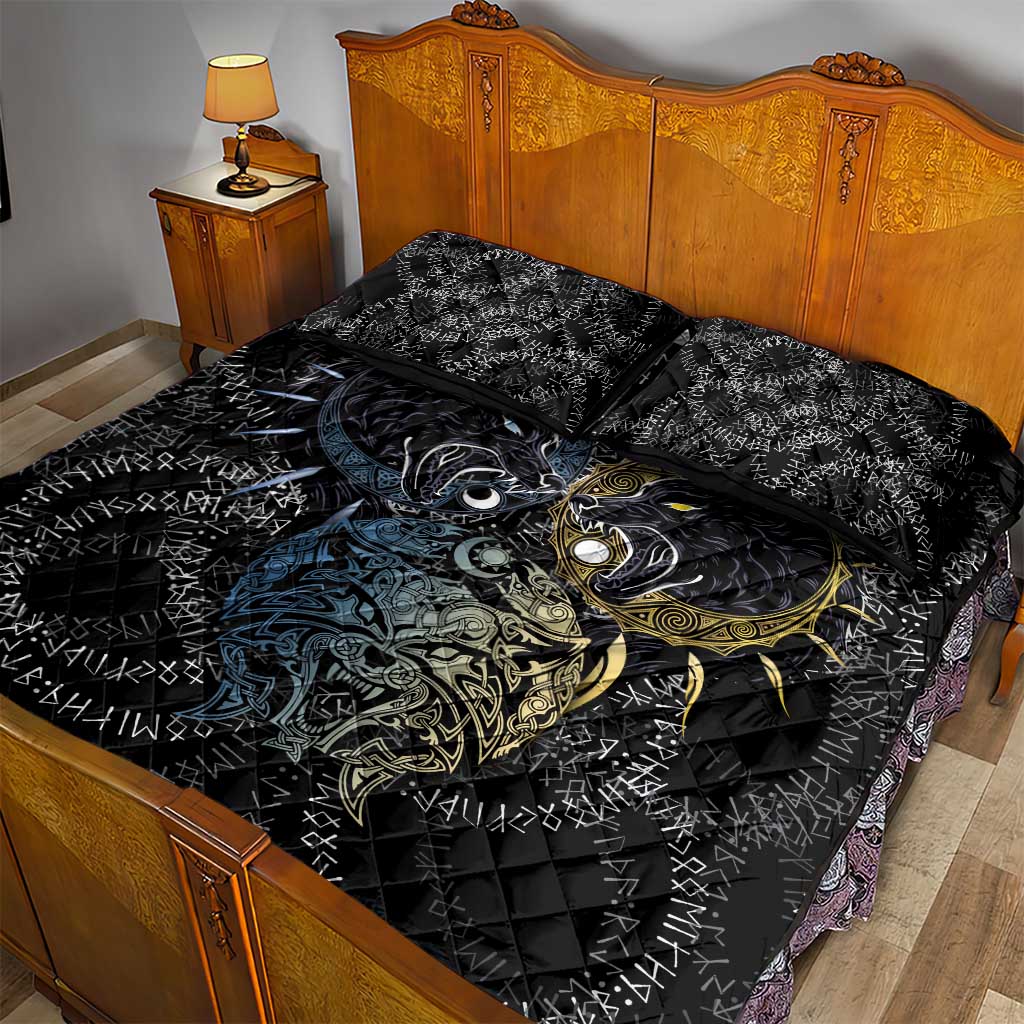 Skoll and Hati Norse Mythology Quilt Bed Set Viking Dual Moon Celtic Line Art