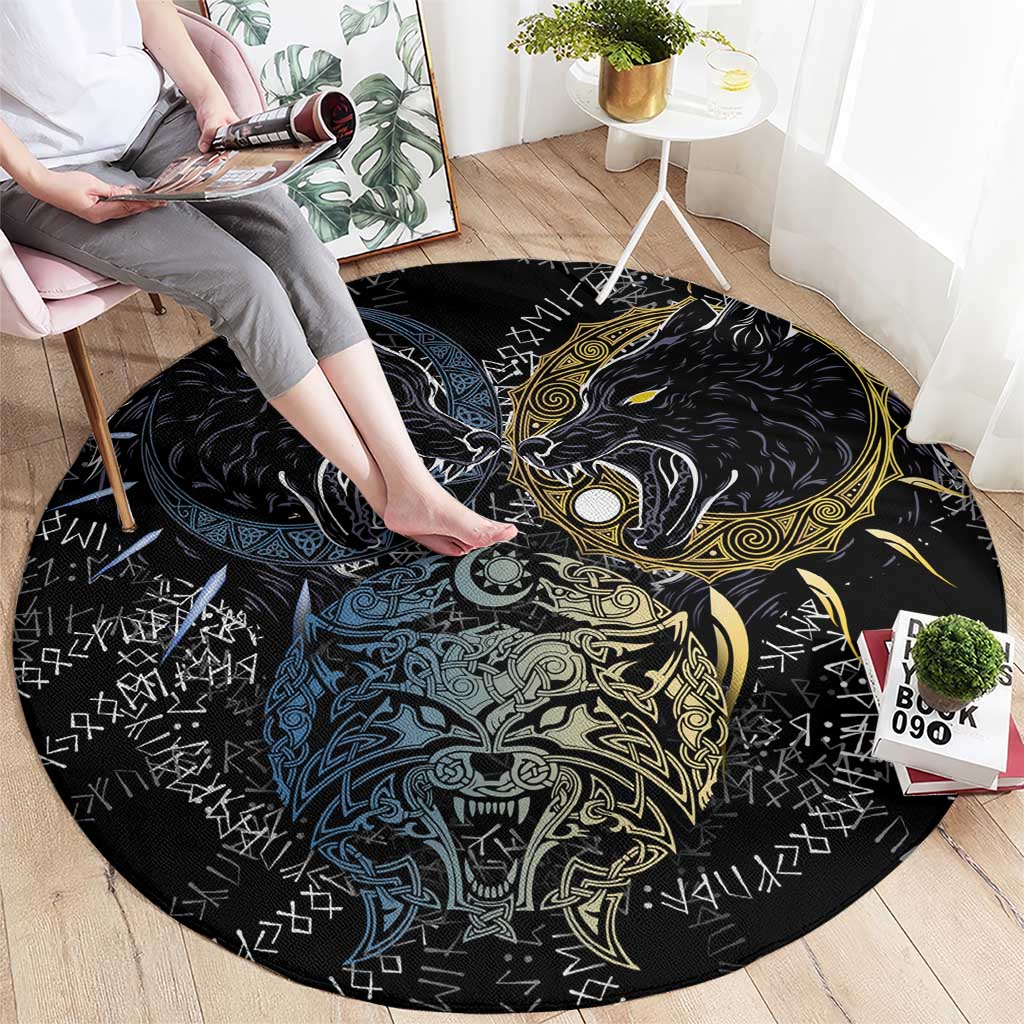Skoll and Hati Norse Mythology Round Carpet Viking Dual Moon Celtic Line Art