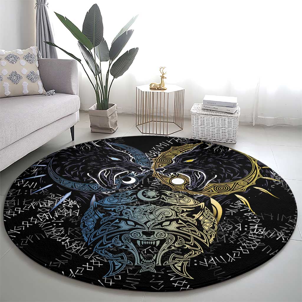 Skoll and Hati Norse Mythology Round Carpet Viking Dual Moon Celtic Line Art