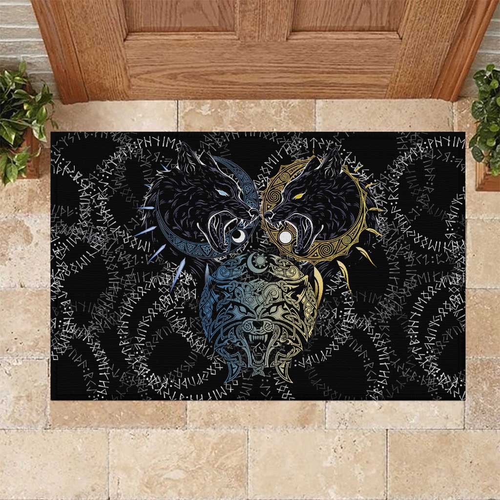 Skoll and Hati Norse Mythology Rubber Doormat Viking Dual Moon Celtic Line Art