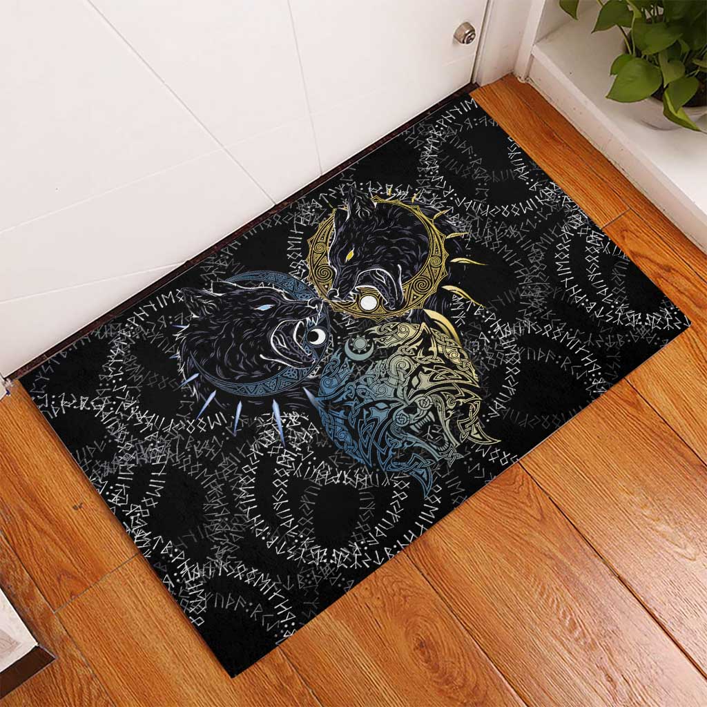 Skoll and Hati Norse Mythology Rubber Doormat Viking Dual Moon Celtic Line Art