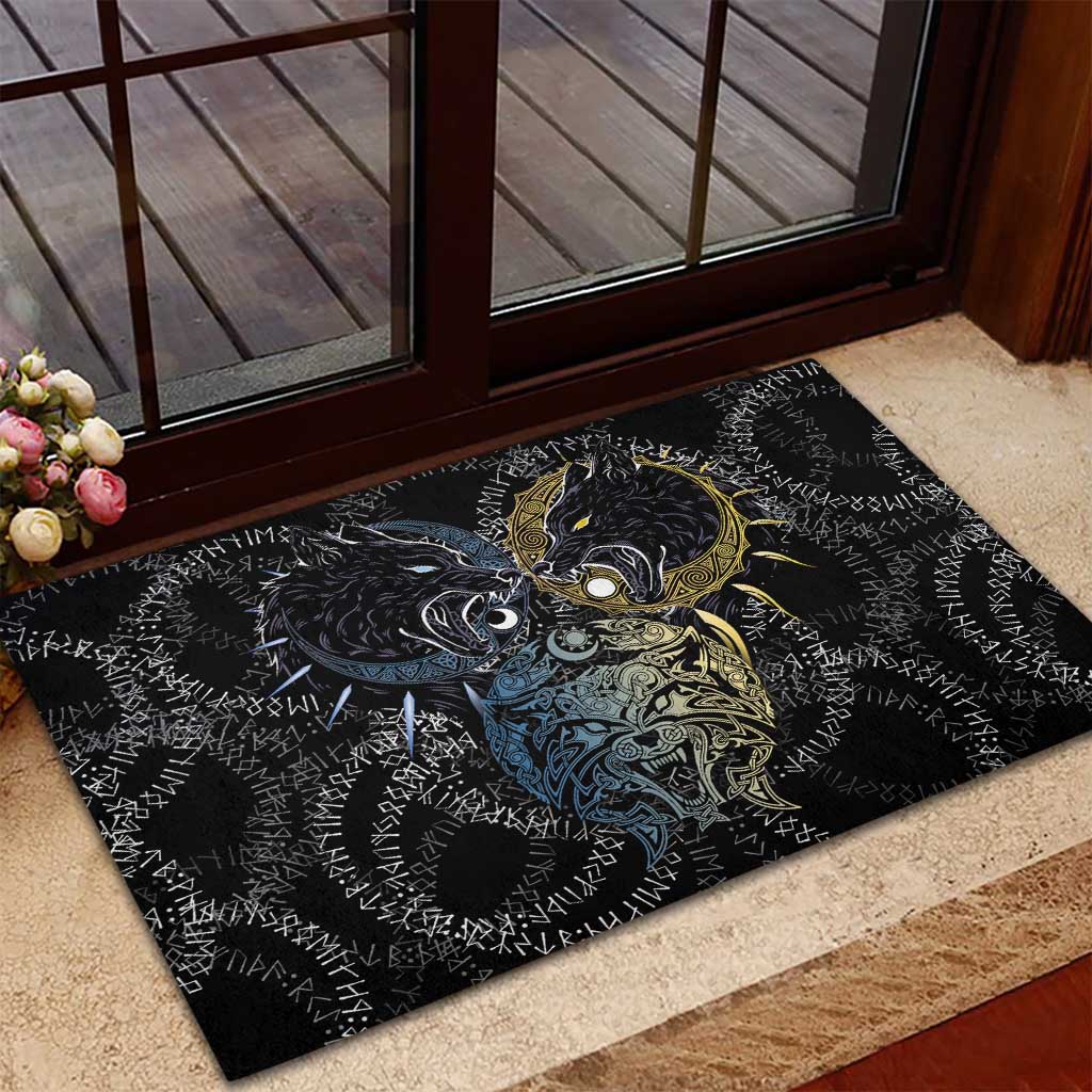 Skoll and Hati Norse Mythology Rubber Doormat Viking Dual Moon Celtic Line Art