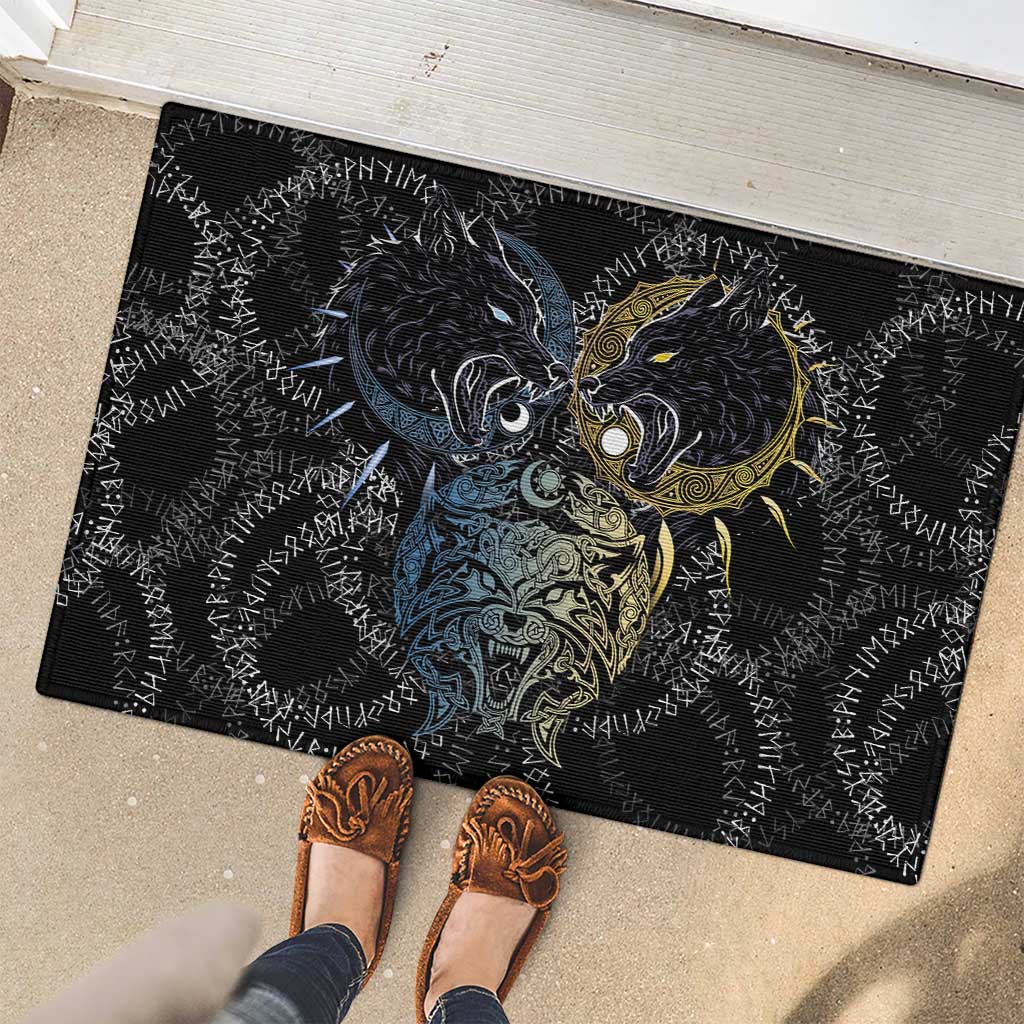 Skoll and Hati Norse Mythology Rubber Doormat Viking Dual Moon Celtic Line Art
