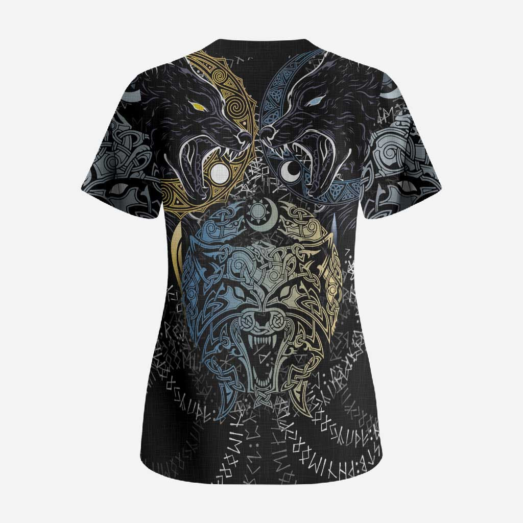 Skoll and Hati Norse Mythology Scrub Top Viking Dual Moon Celtic Line Art