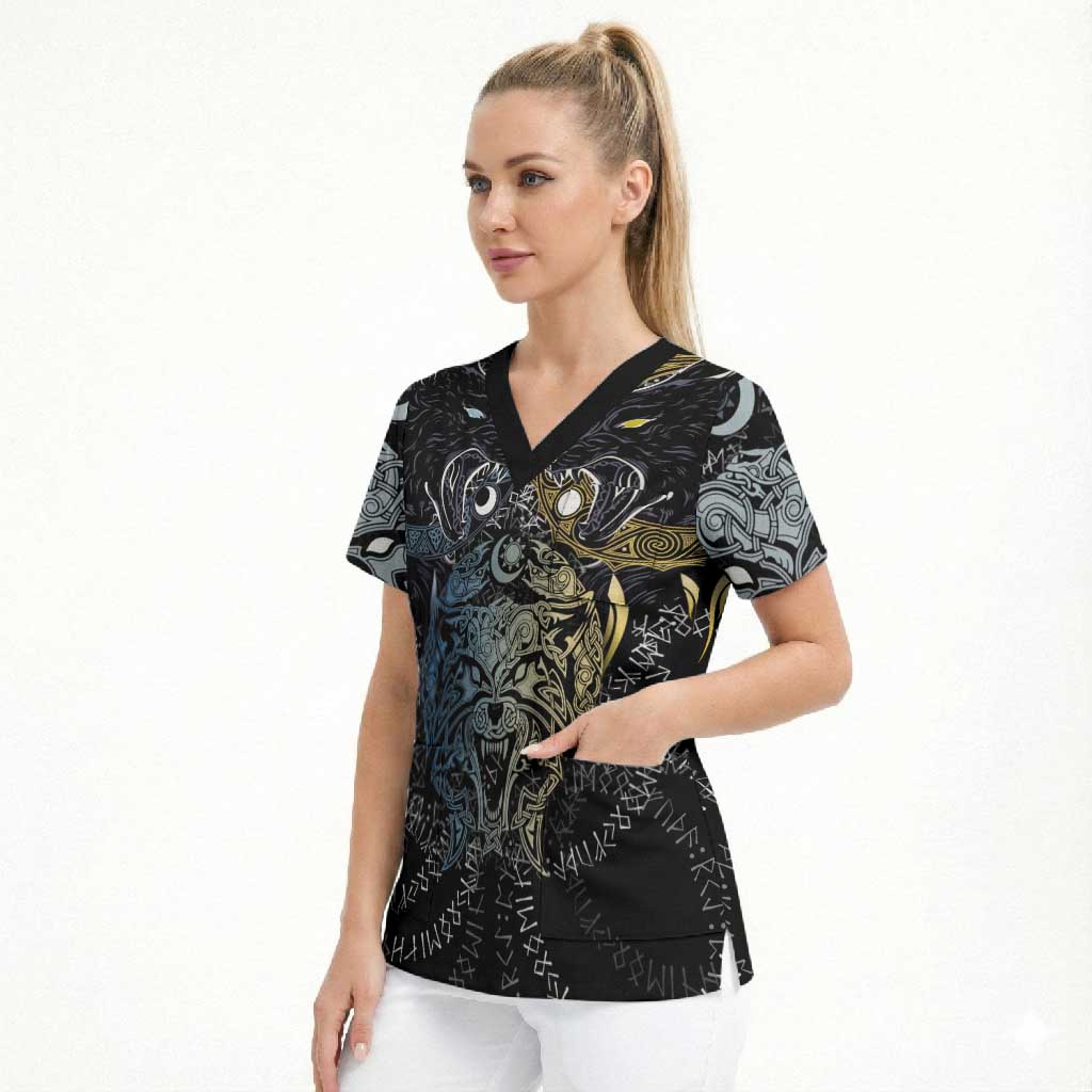Skoll and Hati Norse Mythology Scrub Top Viking Dual Moon Celtic Line Art