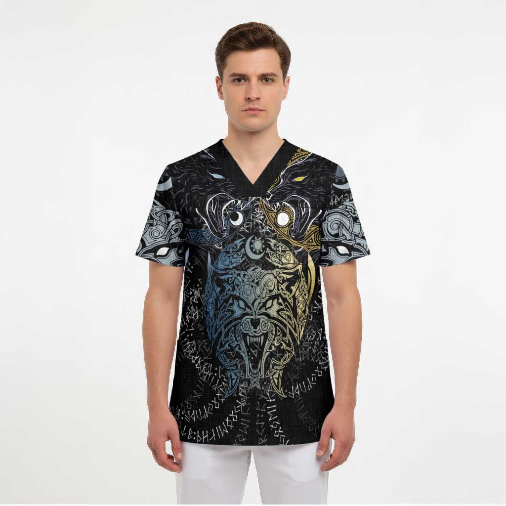 Skoll and Hati Norse Mythology Scrub Top Viking Dual Moon Celtic Line Art