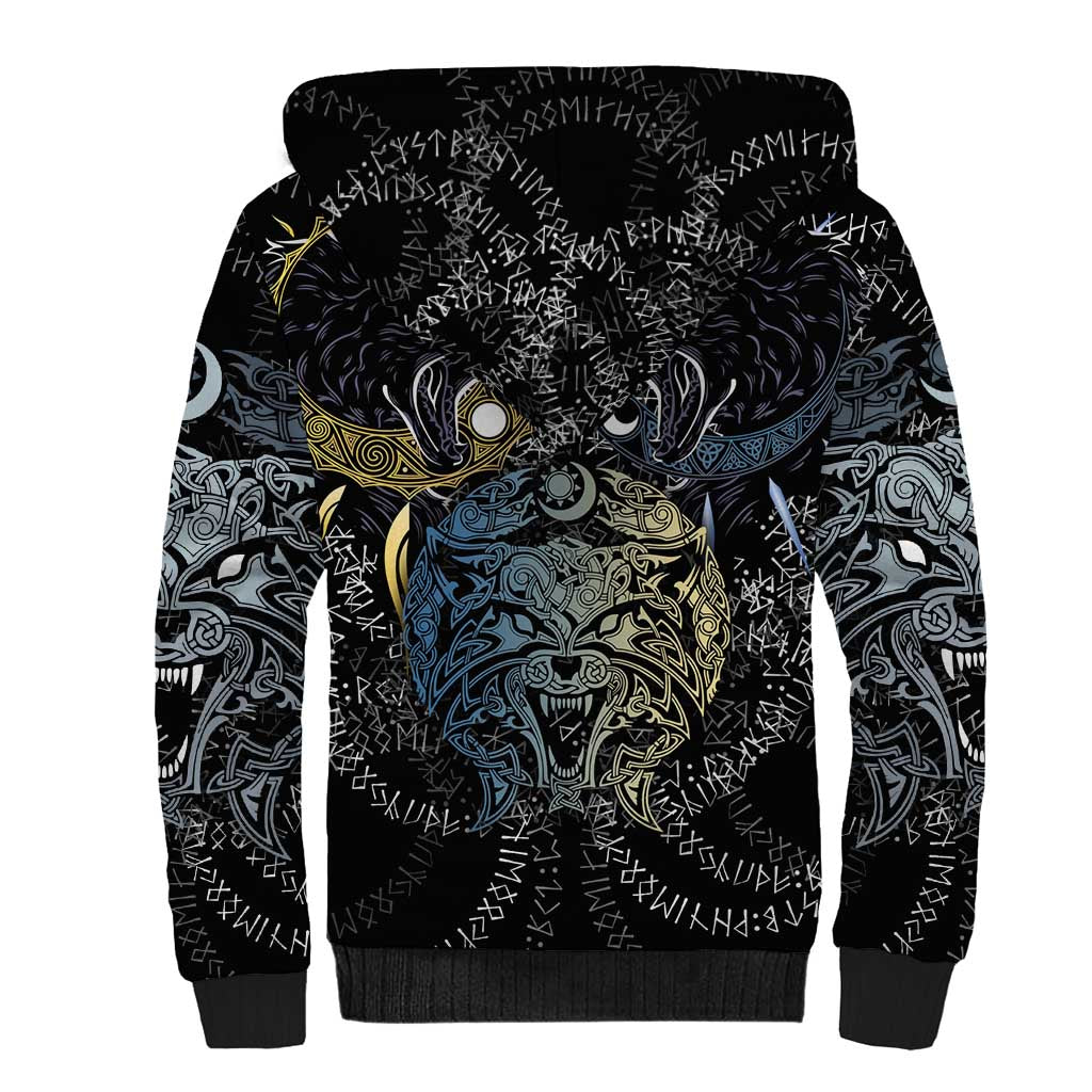 Skoll and Hati Norse Mythology Sherpa Hoodie Viking Dual Moon Celtic Line Art