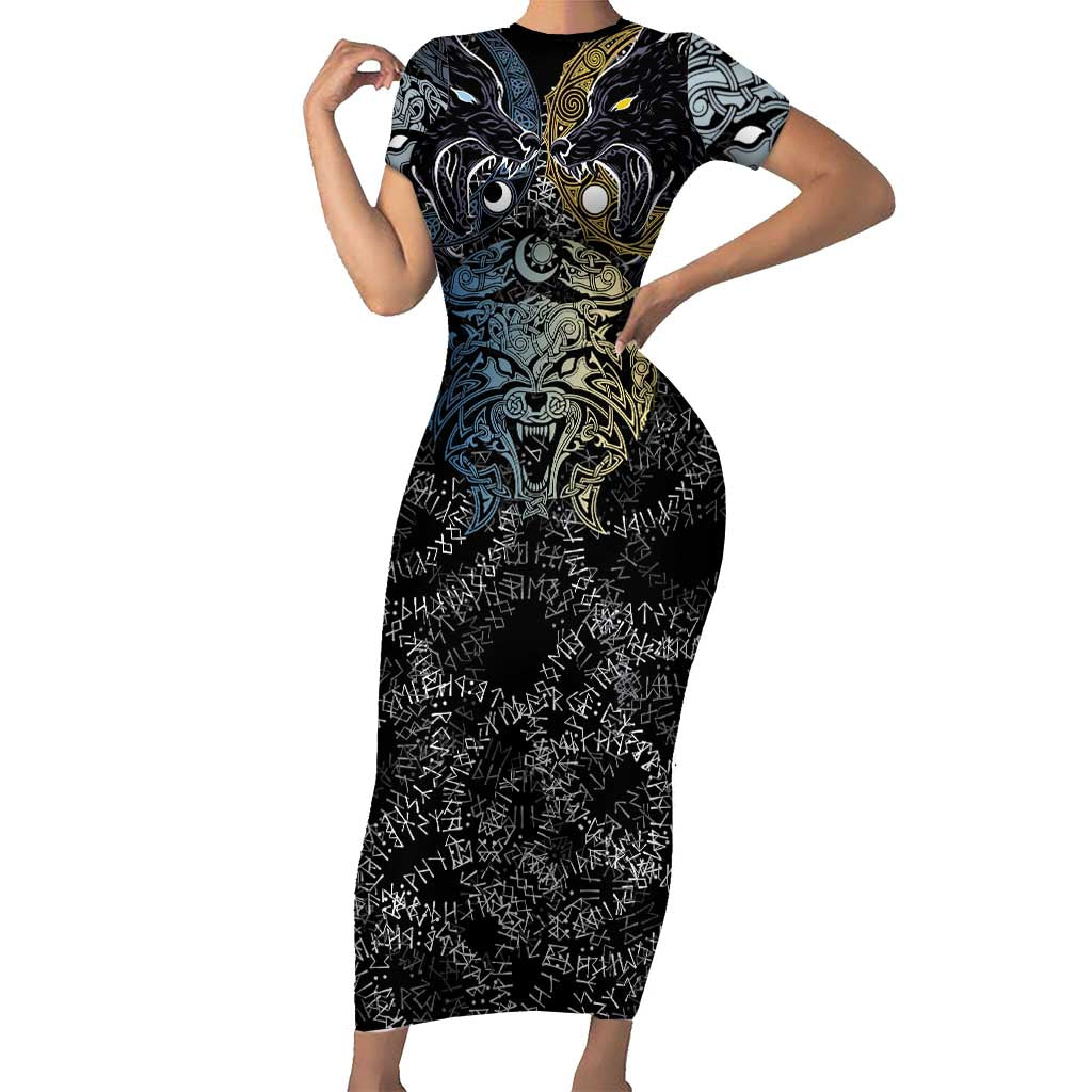 Skoll and Hati Norse Mythology Short Sleeve Bodycon Dress Viking Dual Moon Celtic Line Art
