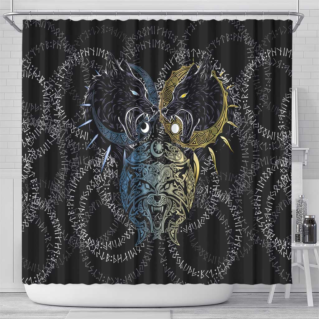 Skoll and Hati Norse Mythology Shower Curtain Viking Dual Moon Celtic Line Art