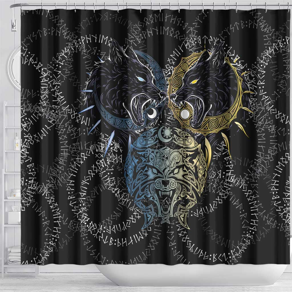 Skoll and Hati Norse Mythology Shower Curtain Viking Dual Moon Celtic Line Art