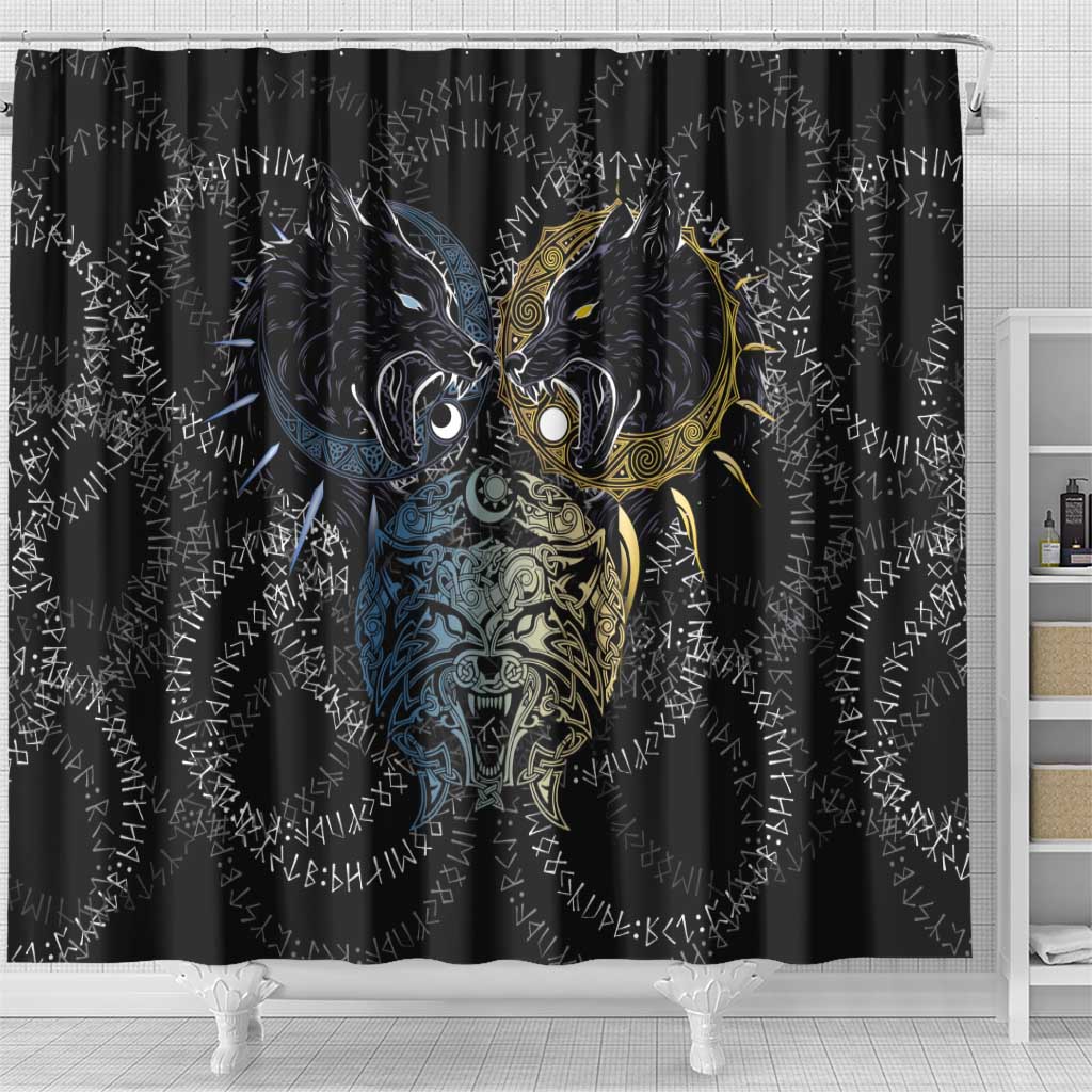 Skoll and Hati Norse Mythology Shower Curtain Viking Dual Moon Celtic Line Art