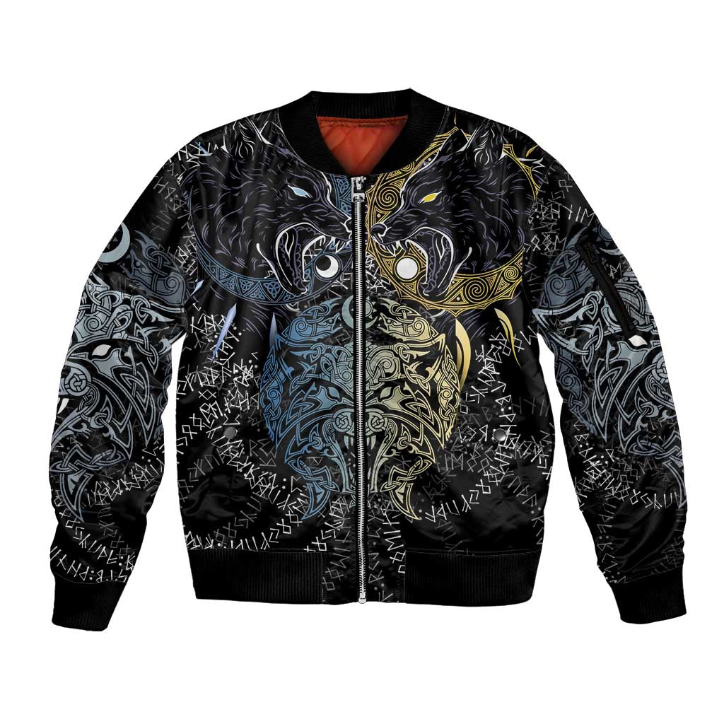 Skoll and Hati Norse Mythology Sleeve Zip Bomber Jacket Viking Dual Moon Celtic Line Art