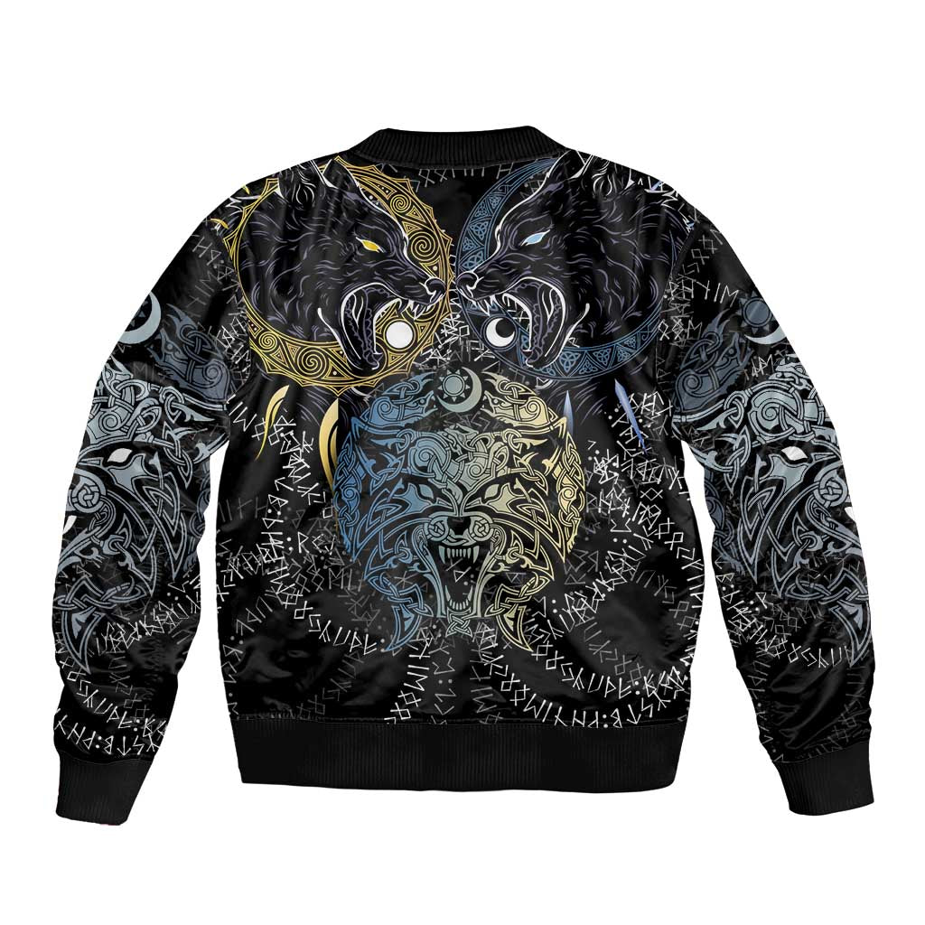Skoll and Hati Norse Mythology Sleeve Zip Bomber Jacket Viking Dual Moon Celtic Line Art