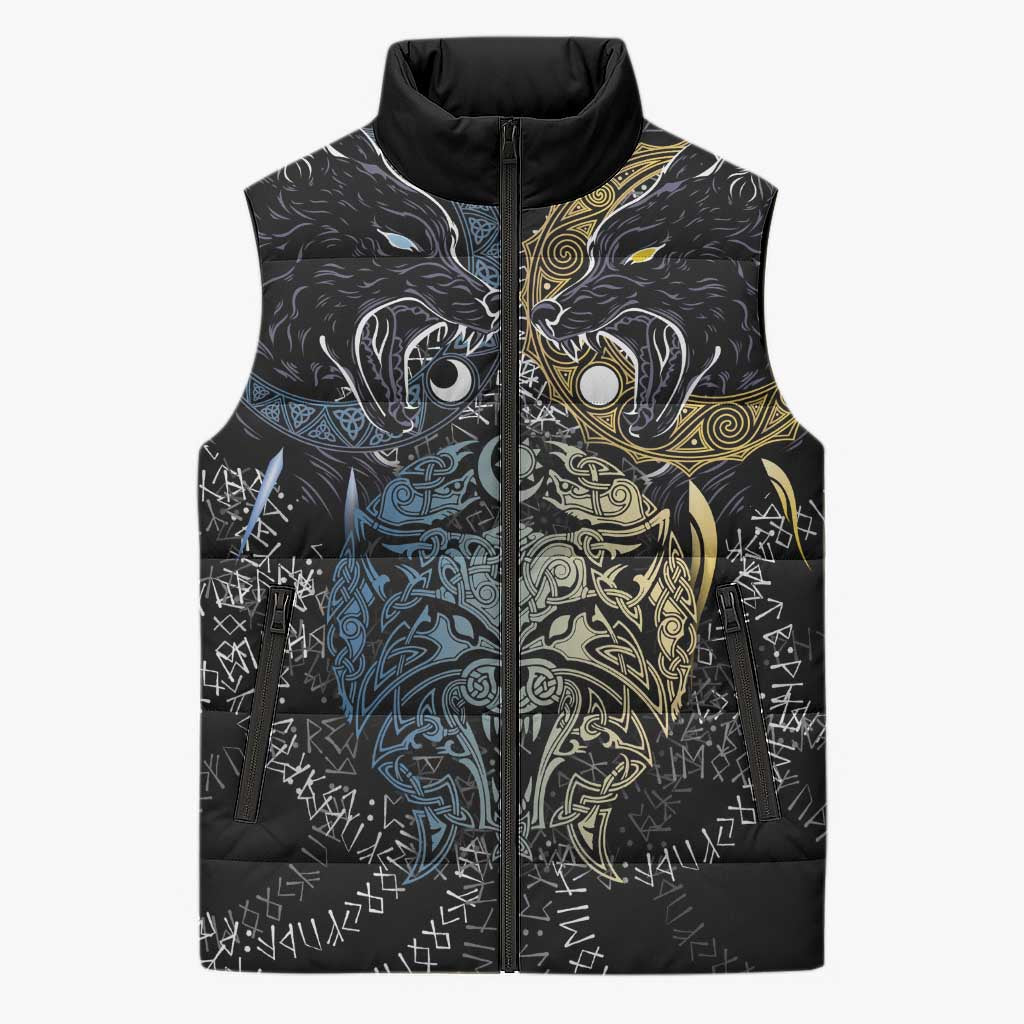 Skoll and Hati Norse Mythology Sleeveless Puffer Jacket Viking Dual Moon Celtic Line Art