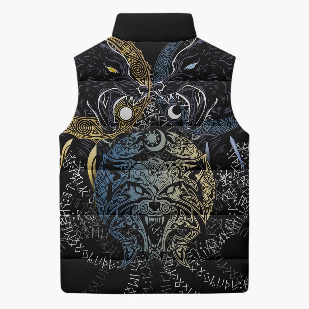 Skoll and Hati Norse Mythology Sleeveless Puffer Jacket Viking Dual Moon Celtic Line Art