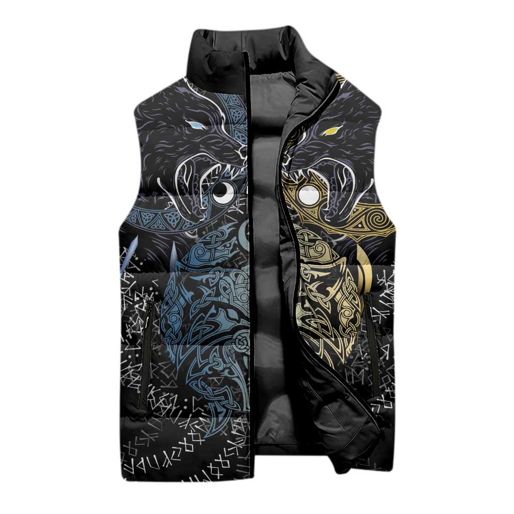 Skoll and Hati Norse Mythology Sleeveless Puffer Jacket Viking Dual Moon Celtic Line Art