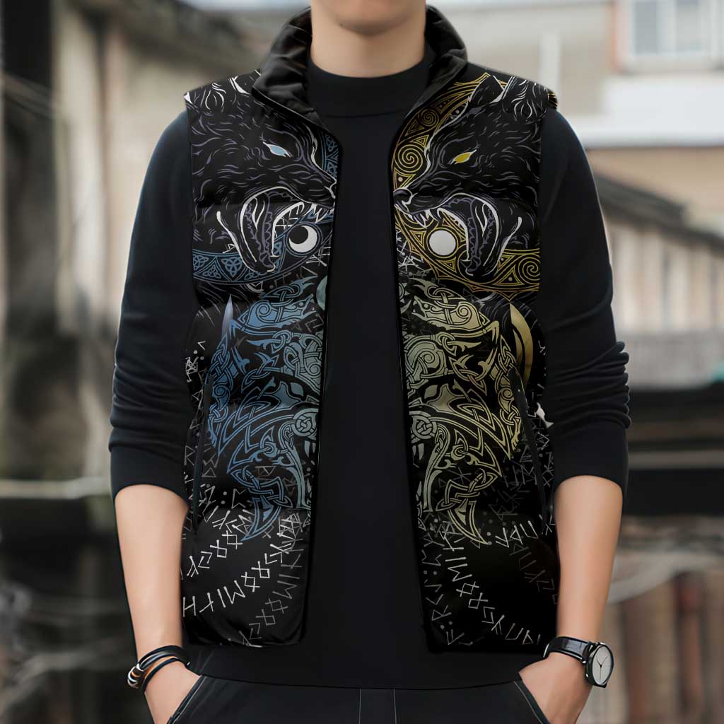 Skoll and Hati Norse Mythology Sleeveless Puffer Jacket Viking Dual Moon Celtic Line Art