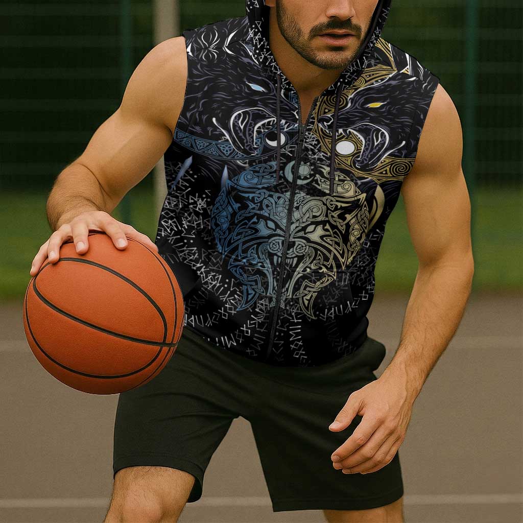 Skoll and Hati Norse Mythology Sleeveless Zip Hoodie Viking Dual Moon Celtic Line Art