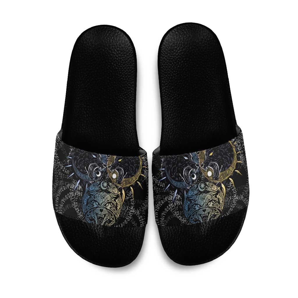 Skoll and Hati Norse Mythology Slide Sandals Viking Dual Moon Celtic Line Art