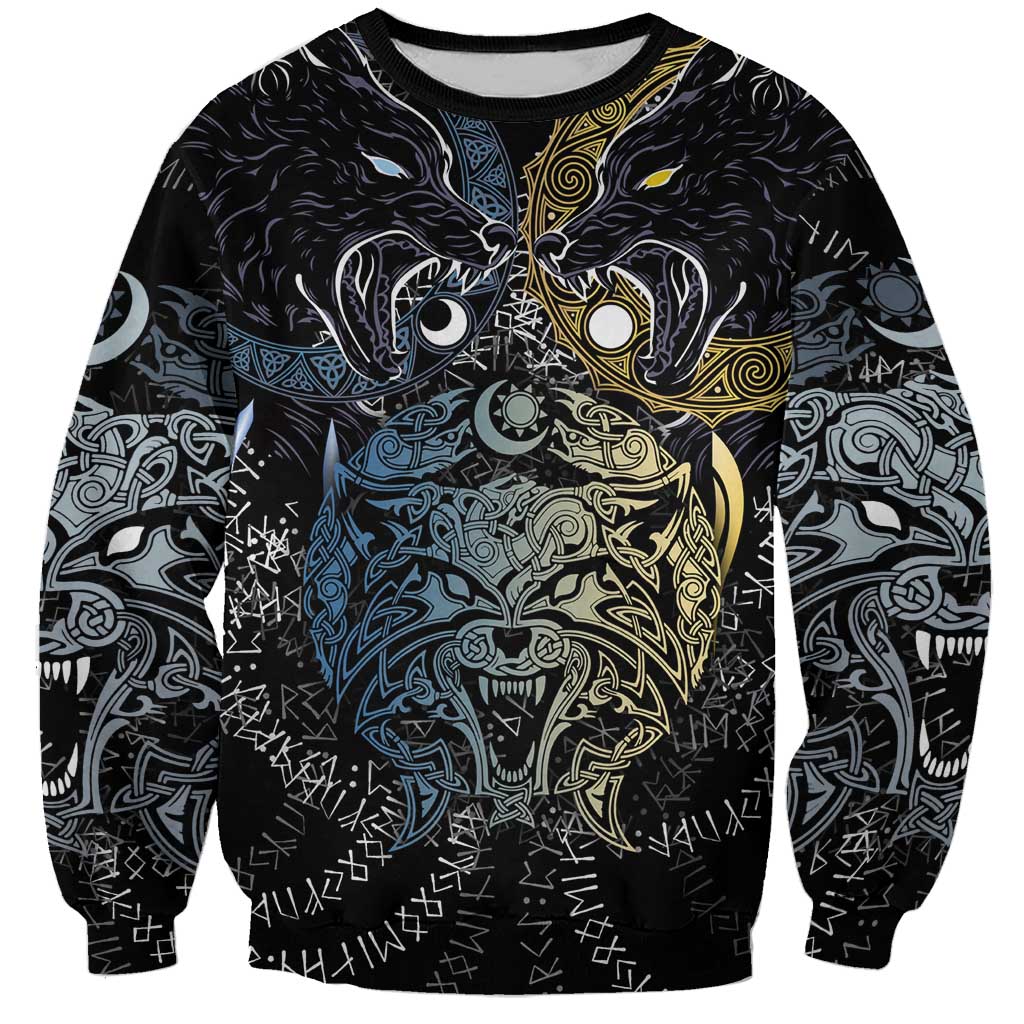 Skoll and Hati Norse Mythology Sweatshirt Viking Dual Moon Celtic Line Art
