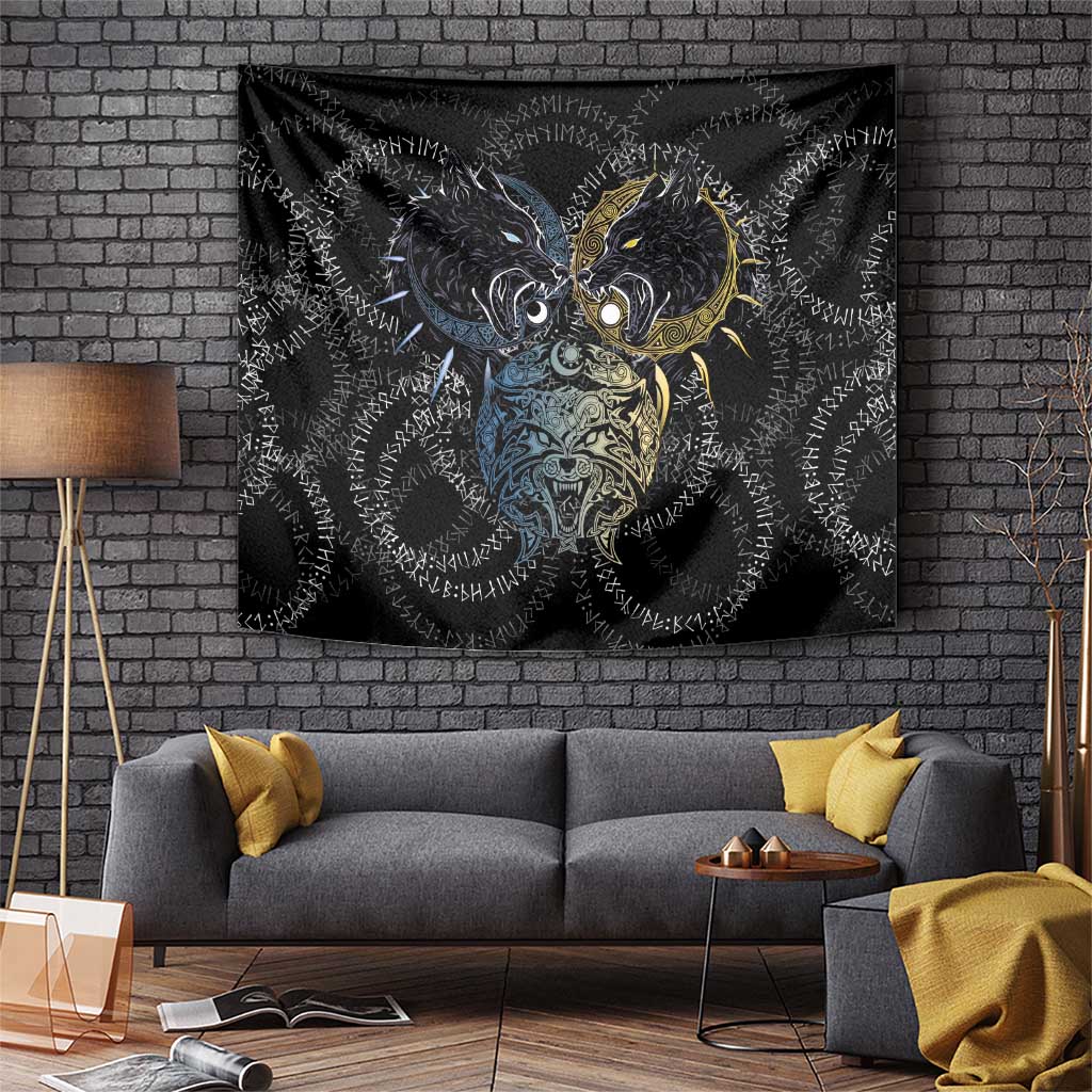 Skoll and Hati Norse Mythology Tapestry Viking Dual Moon Celtic Line Art
