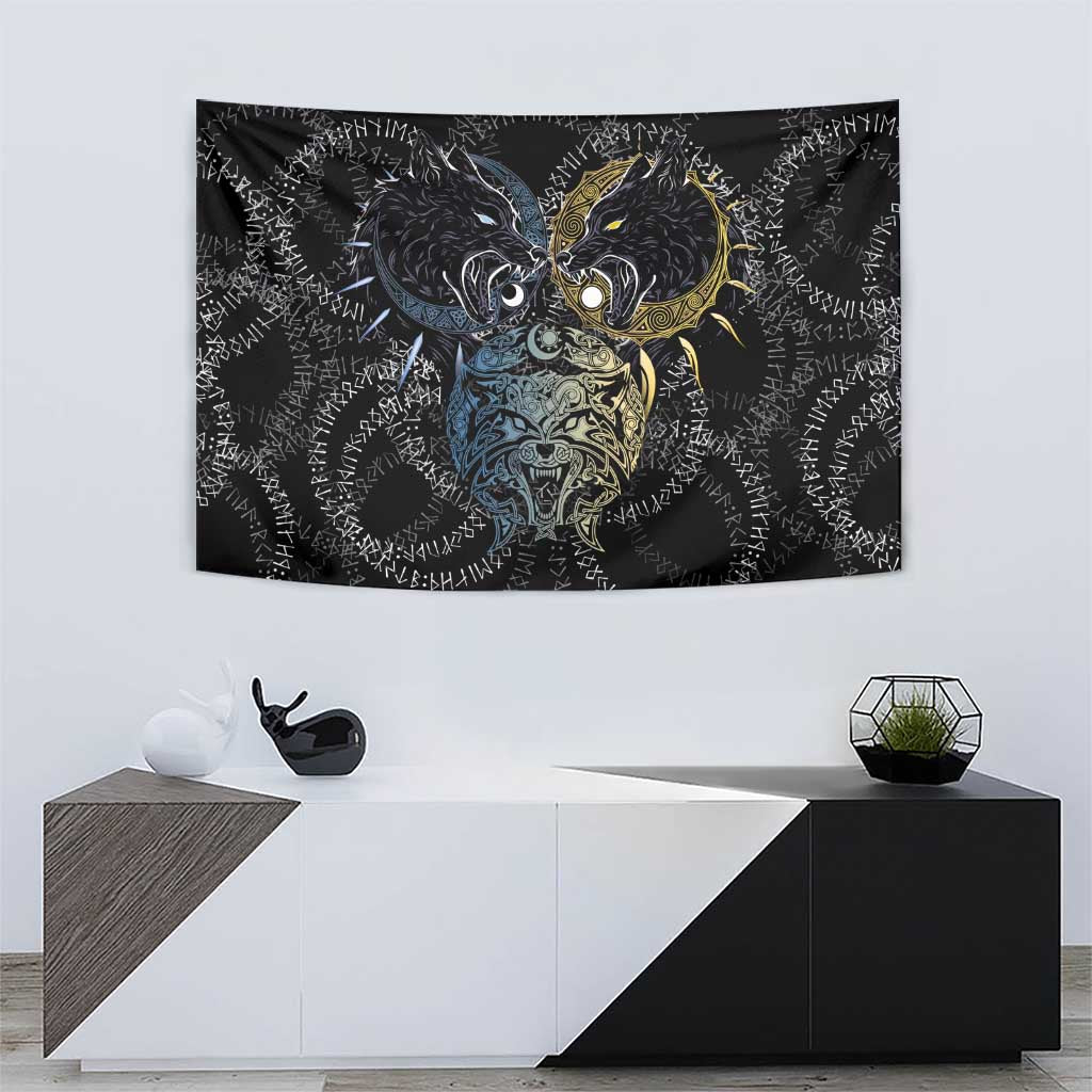Skoll and Hati Norse Mythology Tapestry Viking Dual Moon Celtic Line Art