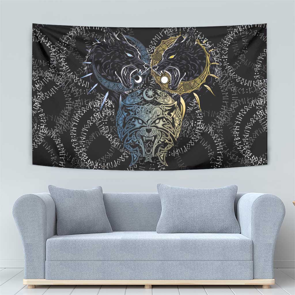 Skoll and Hati Norse Mythology Tapestry Viking Dual Moon Celtic Line Art